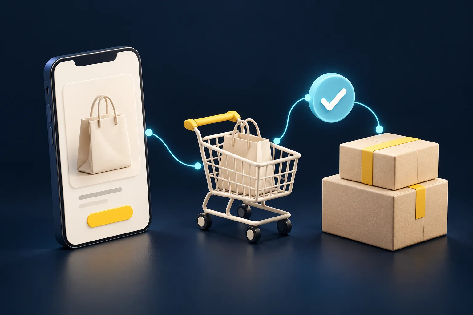 Illustration d’un achat en ligne avec fiche produit sur téléphone, panier, colis et confirmation.