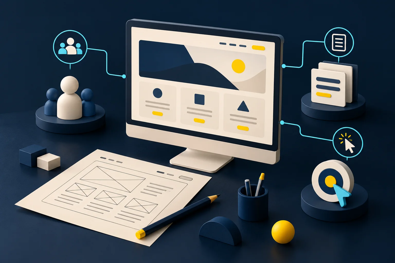 Illustration d’un espace de conception web avec écran, maquettes et contenus reliés.