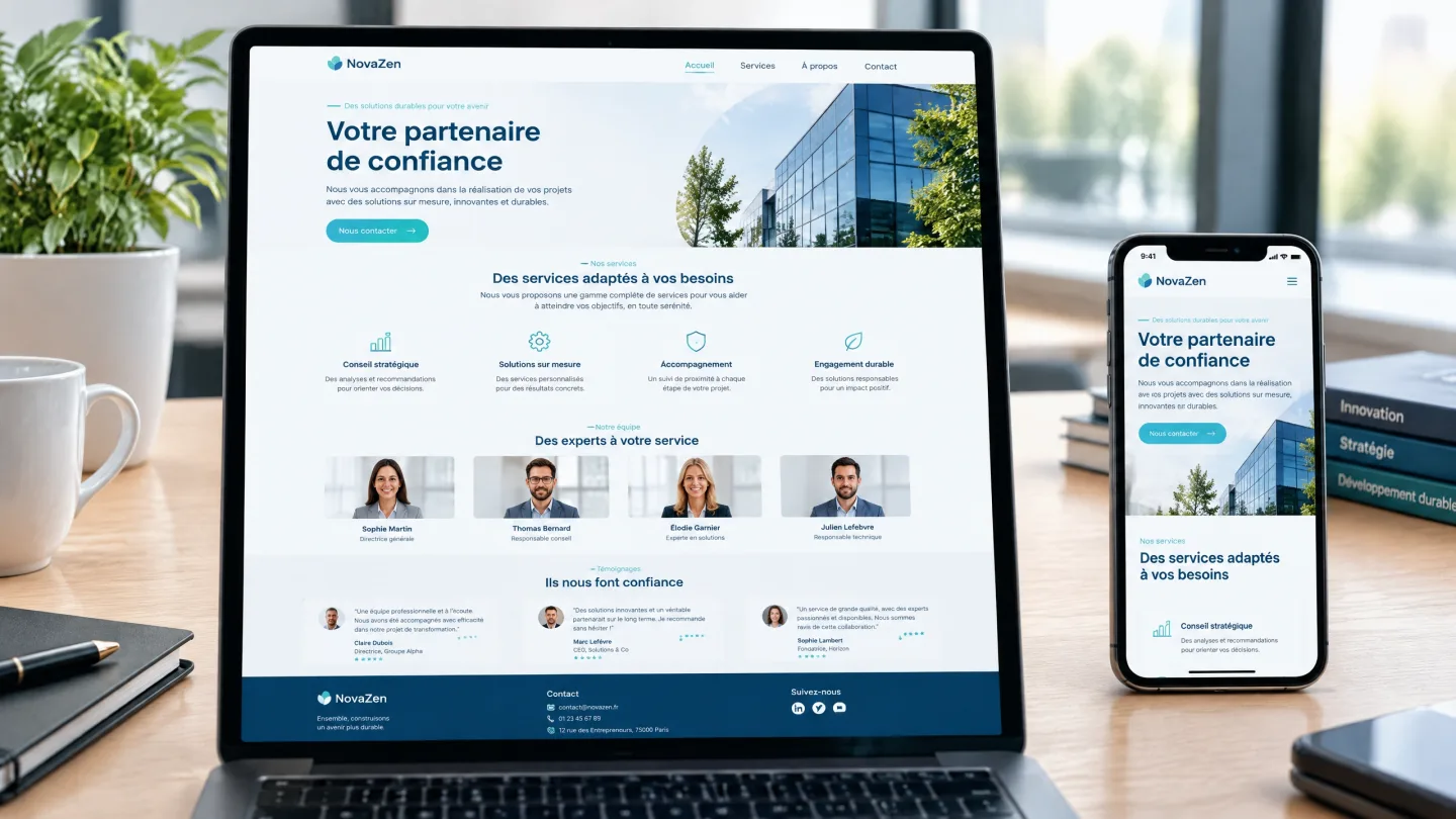 Maquette NovaZen : site d’entreprise clair sur ordinateur et mobile